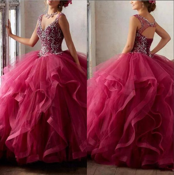 V Neck Tulle Ruffles vestido de baile Quinceanera Dresses frisados ​​Pedras Top Layered oco Voltar até o chão Prom Party Princesa Vestidos BA6175