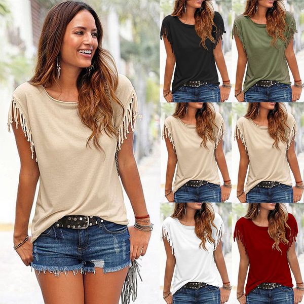 

women t-shirt 2018 summer fashion t shirt female crew neck short sleeve cuff tassel knot cotton loose solid t shirt women s-5xl, White
