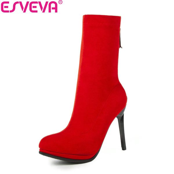

esveva 2019 women boots zipper sewing thin high heels mid-calf boots pointed toe flock winter autumn shoes woman size 34-43, Black