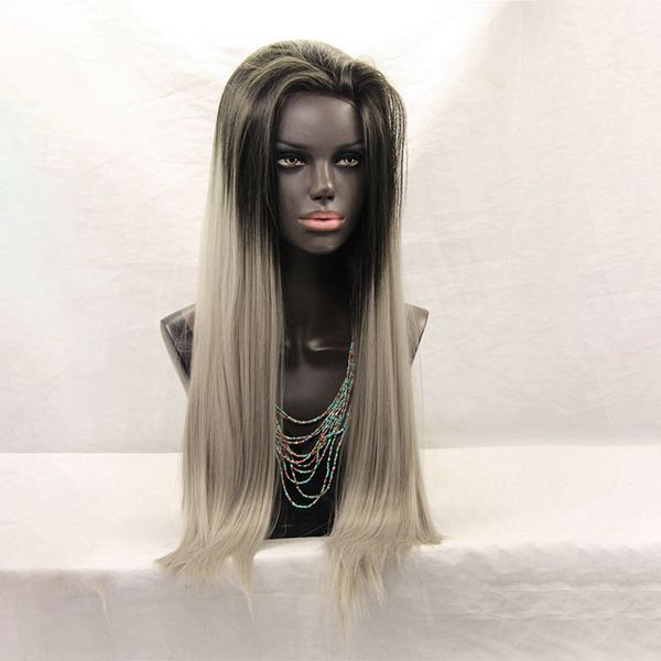 Long Straight Black Roots Ombre Grey Synthetic Lace Front Wig High