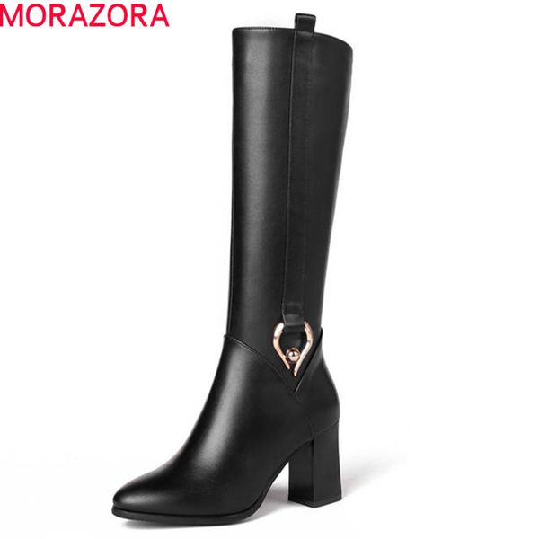 

morazora 2018 new arrival genuine leather shoes woman autumn winter knee high boots simple zipper fashion high heels boots, Black