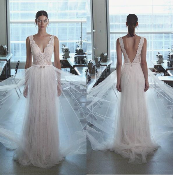 

lace bohemian wedding dresses lihi hod v neck bridal gowns simple design plus size beach wedding dress for fat women, White