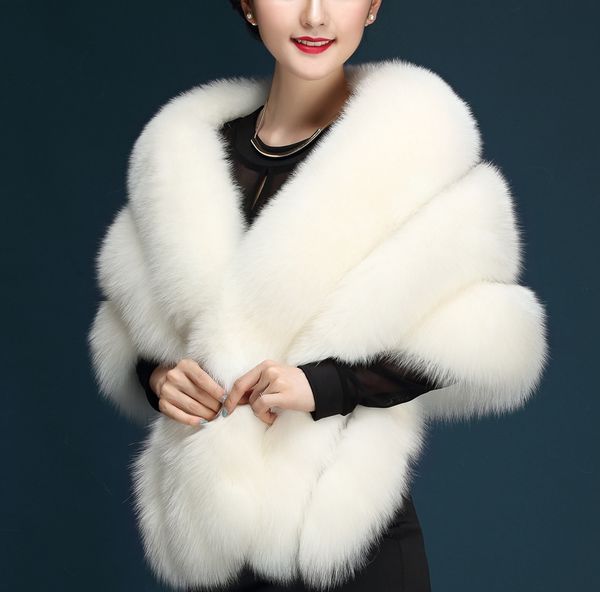 

autumn winter 2020 long fox faux fur bridal wraps evening dress shawl cloak scarf women fur wedding jacket warm coat stole bolero, White