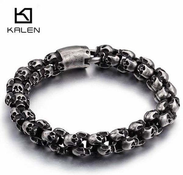

kalen punk 22.5cm long matte skull bracelets for men stainless steel brushed skull charm link chain brecelet male gothic jewelry, Golden;silver
