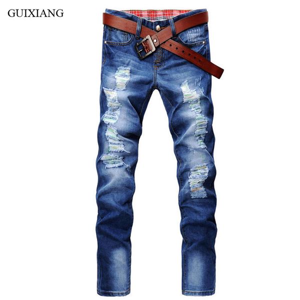 

guixiang men leisure long denim jeans fashion casual solid hole zippers trousers men's slim straight jeans pants size 28-38, Blue