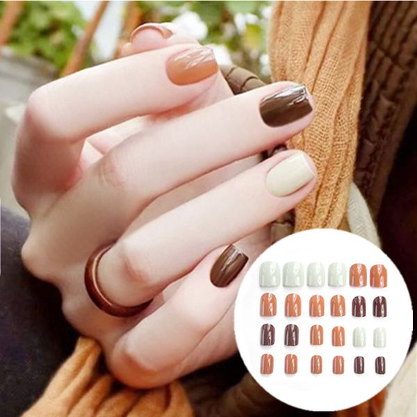 

24pcs solid plain color glitter acryli nail tips round square full cover false nails tip finished manicure nail stickers, Red;gold