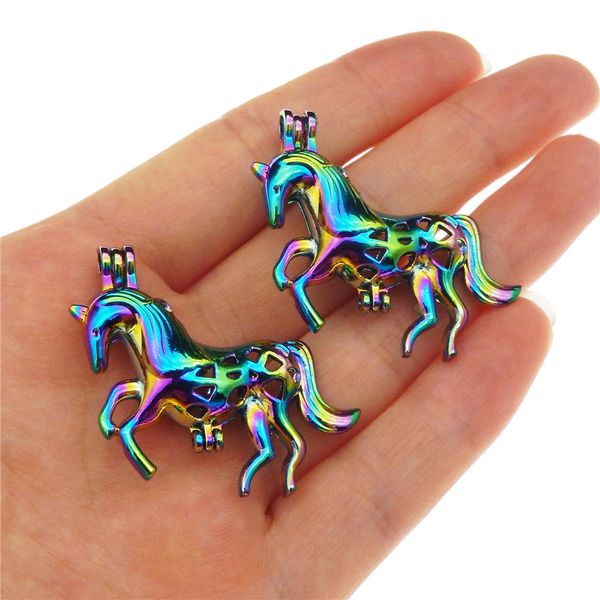 

10pcs rainbow color unicorn pearl cage beads cage locket pendant essential oil diffuser diy jewelry locket for oyster pearls, Silver