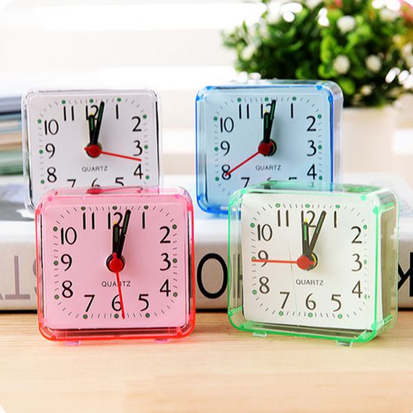 

popular square small bed alarm clock transparent case compact travel clock mini mute children student desk watch