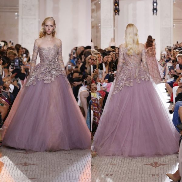 

elie saab 2019 иллюзия шеи платья выпускного вечера тюль с длинными рукавами кружева аппликация бусины вечерние платья формальные развертки, Black