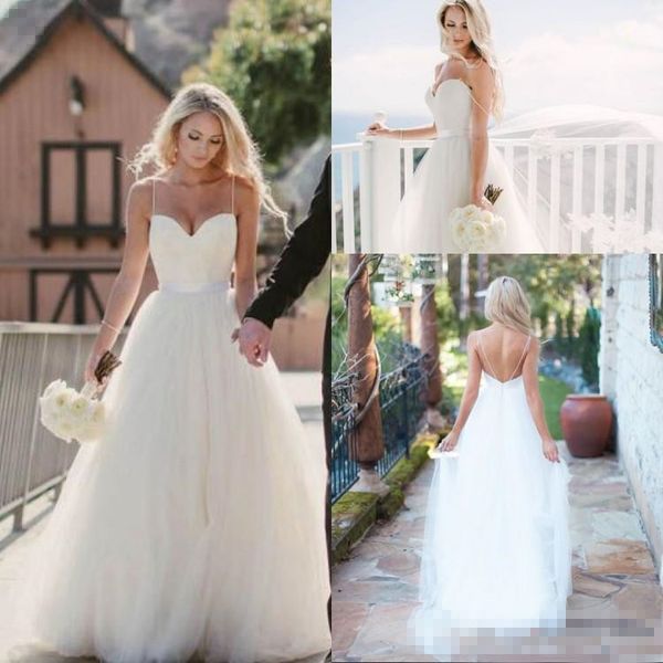 

Vintage Ivory Spaghetti Straps Tulle Sweetheart Neckline Long Wedding Dresses 2018 Floor Length Backless Beach Bridal Gowns