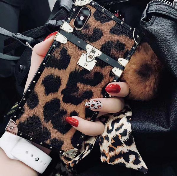 

square lattice leopard skin pattern plated leather back case with fur ball fabric bracelet rope phone cover for iphone xs max xr 6s