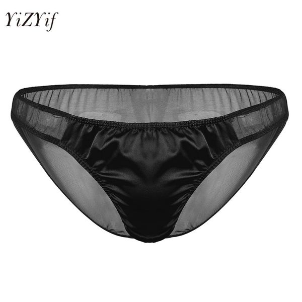 

gay mens lingerie briefs underwear sissy panties soft breathable sheer mesh shiny satin ruffle bikini briefs underwear panties, Black;white