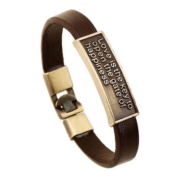 

love is the key to open the gate of happiness bracelets for men or women vintage alloy genuine leather bangle lovers bracelets, Golden;silver
