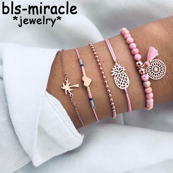 

double 11 specials bohemian tassel beads charm bracelets set for women fashion pineapple heart multiple styles bracelet jewelry, Black