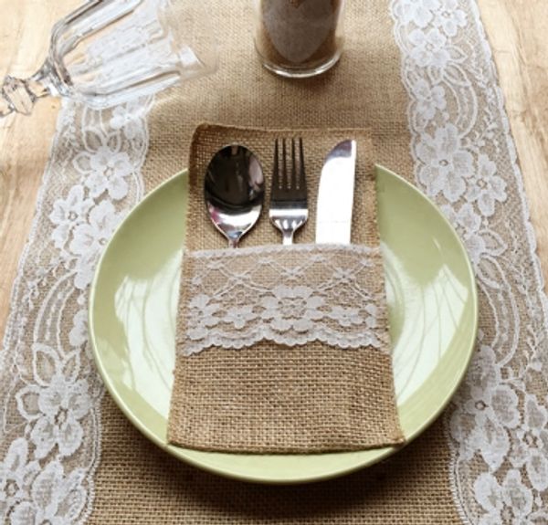 

lace tableware pouch packaging fork & knife pocket home textiles 30pcs/lot cutlery holder vintage shabby chic jute