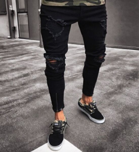 

black pants for men hip hop rock holes ripped jeans biker slim fit zipper jean distressed, Blue