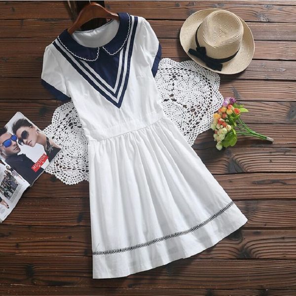 

preppy style summer women cotton dress peter pan collar a-line femme robe short sleeve lovely white navy blue dress s-xl, White;black