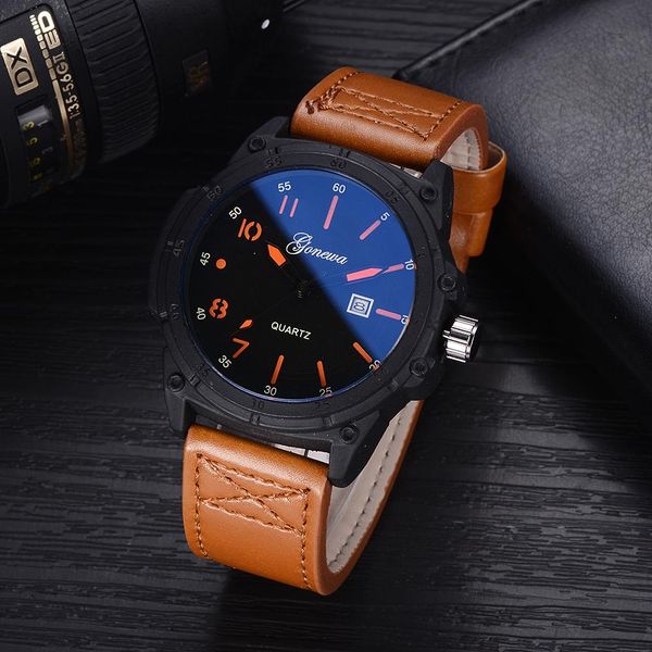 

men's waterproof date leather strap sport quartz army watch, Slivery;brown