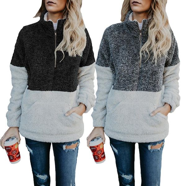 

women's casual fashionable autumn and winter high mandarin patchwork collar blouse sweater with zipper pocket, Black;white