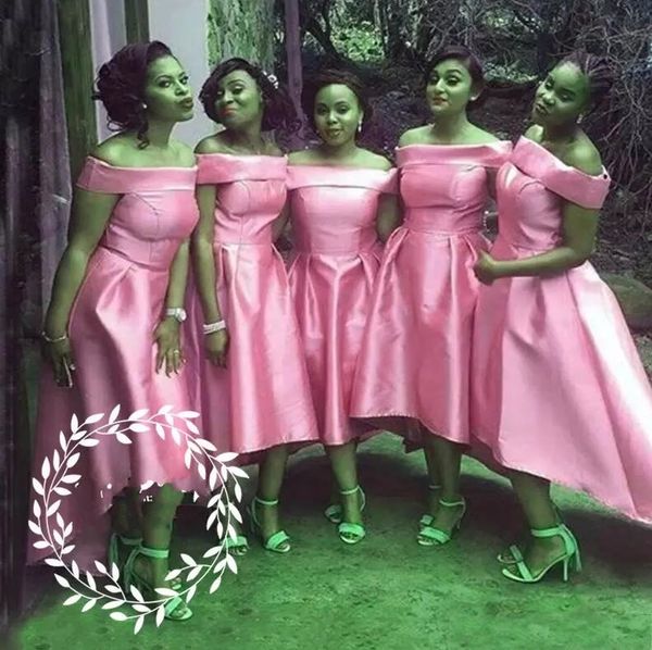 

high low pink bridesmaid dresses satin off the shoulder maid of honor dress african formal women women wedding party gowns a line, White;pink