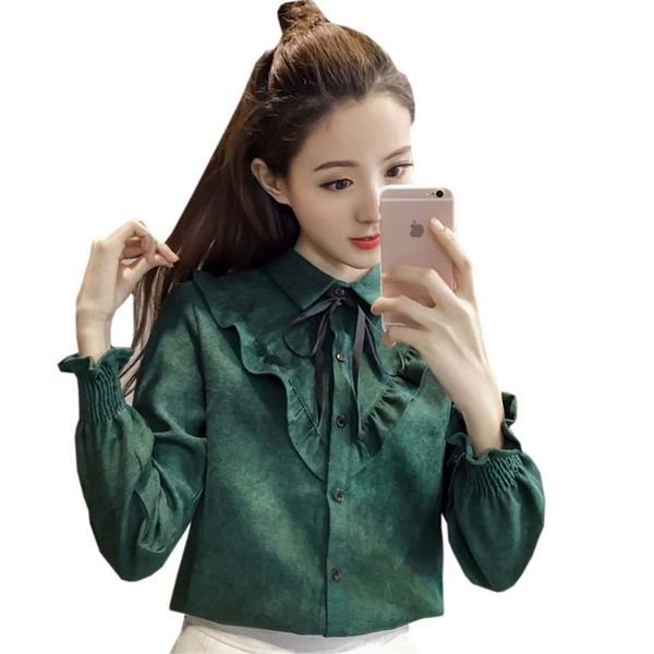 

new preppy style thick blouses shirts women fashion bow ruffles sweet female turn-down collar casual pink blouses fp0381, White