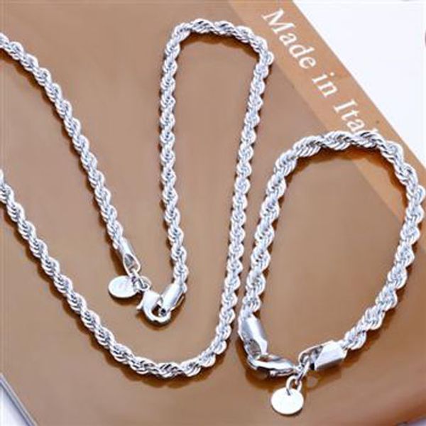 

Fashion 925 Sterling Silver Set Solid Rope Chain 4MM Men Women Bracelet Necklace 16"-24inch jewelry Link Italy Hot sale New S051