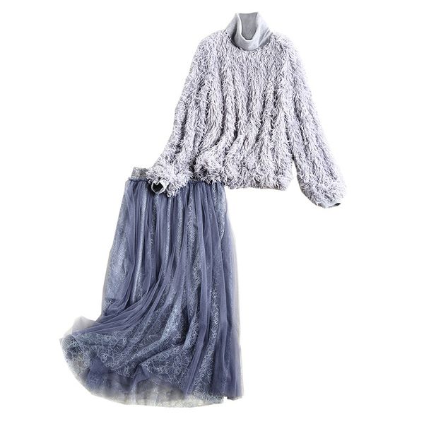 

2018 fall winter new woolen knit turtleneck tassel and mesh skirt two pieces suit high end women's set 2 piece set women, Gray