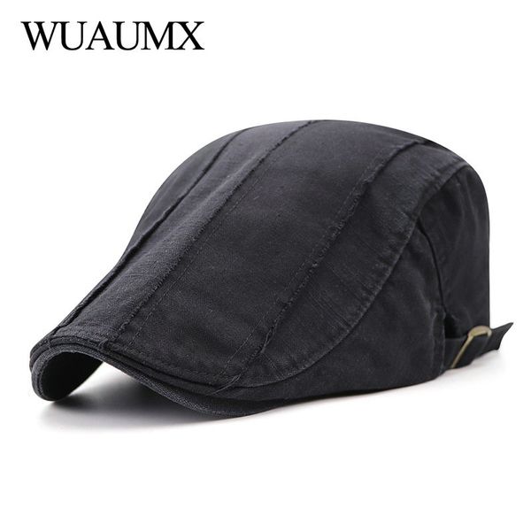 

wuaumx 2018 new berets caps for men cotton simple casual peaked caps visor adjustable flat hats chapeau homme ete 6 colors, Blue;gray