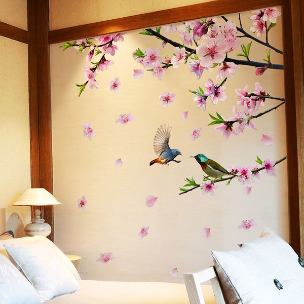 

Дешевые наклейки [SHIJUEHEZI] Три отделения цветка птицы стены стикеры DIY Peach Blossom стены