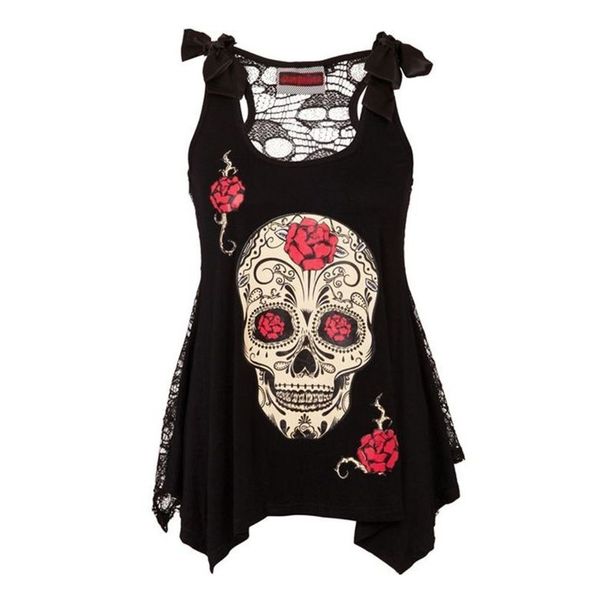 

rock punk style skull print tshirt fashion women's loose lace patchwork bandages casual sleeveless plus size 5xl t-shirts, White