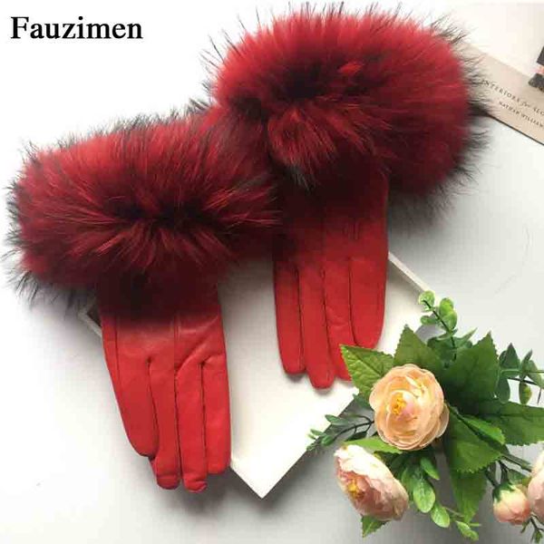 

2018colors women warm thick winter gloves leather elegant girls brand mittens with real raccon women gloves, Blue;gray