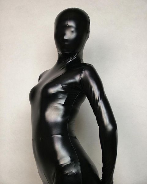 

wet look black full body spandex/lycra latex rubber zentai cosplay bodysuit size