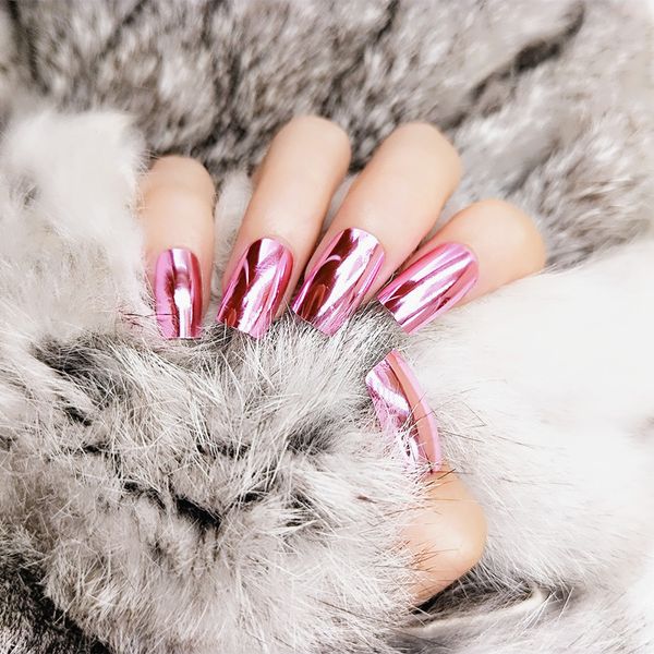 

fashion mirror light soft pink metal plating false french acrylic nail tips metallic square fake nails without nail glue, Red;gold