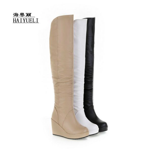 

cool style party round toe shoes factory sale concise zip over the knee boots female high heel wedges shoes, Black