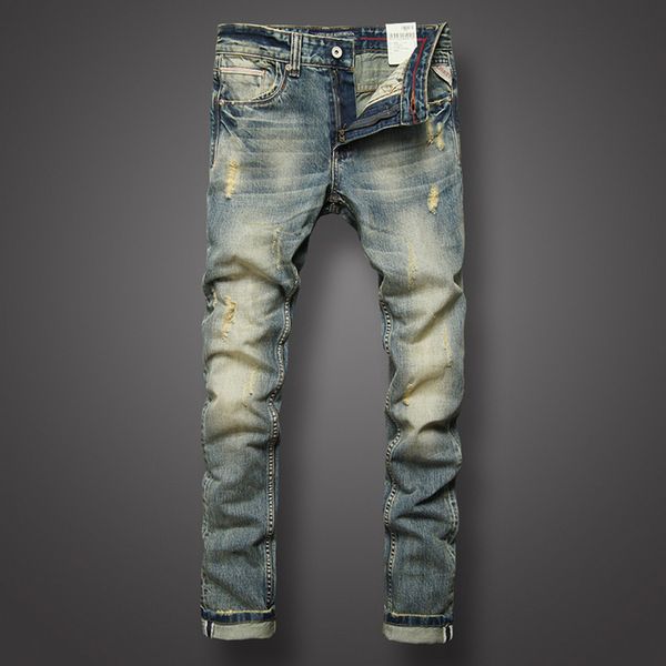 

italian style fashion mens jeans retro design slim fit denim ripped jeans mens pants brand clothing nostalgia color biker, Blue