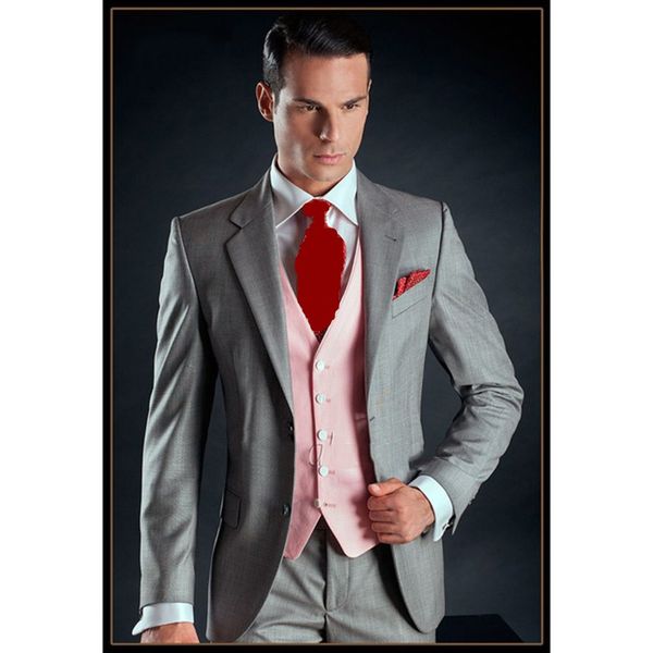 Moda İki Düğmeler Açık Gri Damat Smokin Notch Yaka Groomsmen İyi Adam Erkek Düğün Takımları (Ceket + Pantolon + Yelek + Kravat) D: 223