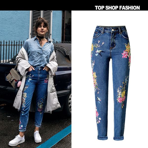

flowers embroidery pocket long loose pants, Blue