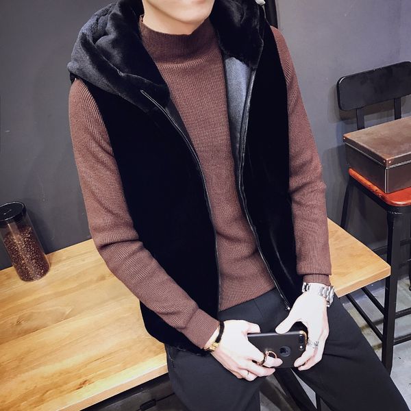 

2018 зима новый жилет большой размер мужская мода повседневная дикий толстый сплошной цвет искусственный мех с капюшоном жилет на молнии, Black;white