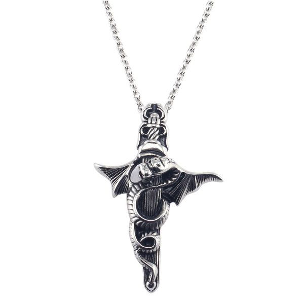 

cool vintage stylish spiral dragon wing sword men's stainless steel metal pendant necklace long chain jewelry +gift bag/aap006, Silver