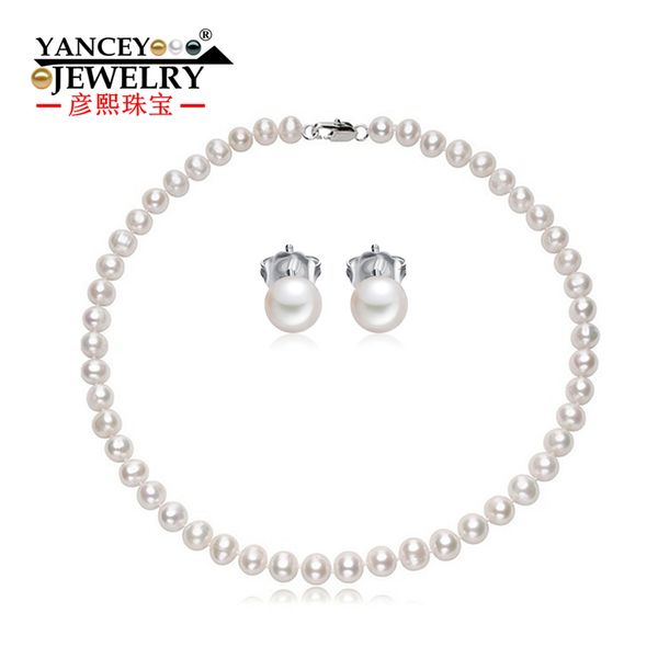 

yancey natural 7-8mm white freshwater pearl sets for women's 925 sterling silver earrings wedding set pearl fine jewelry, Black