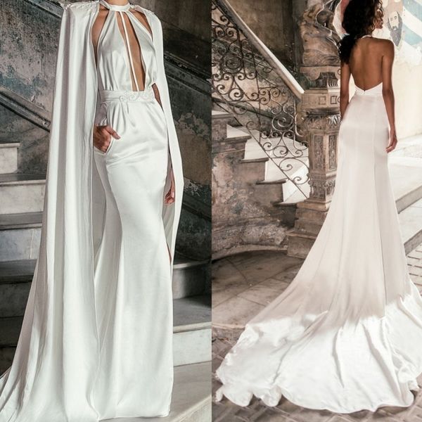 

elegant new fashion mermaid wedding dresses 2022 with wrap satin halter sweep train garden custom made bridal gowns282m, White