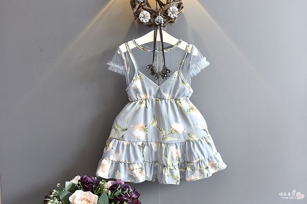 

летние платья для девочек цветочные марлевые юбки брекеты повседневные юбки лилия лодочка с вырезом симпатичные корейские платья принцесс, Red;yellow