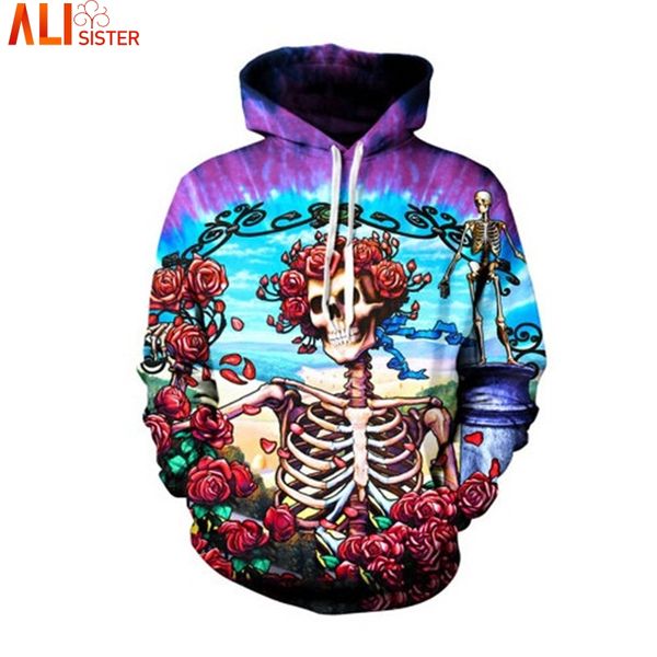 

alisister roses skull hoodies 3d sweatshirt sudaderas spring autumn harajuku pullovers plus size men women tracksuit dropship, Black