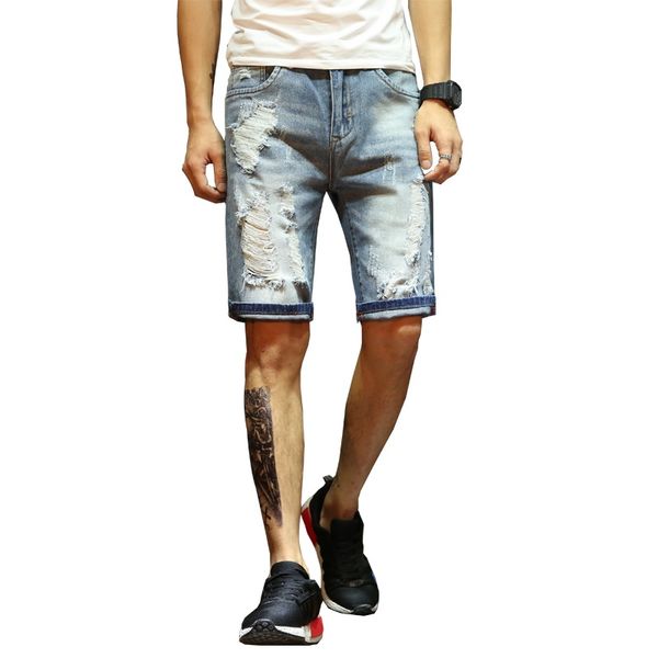 

2018 new men's cotton thin denim shorts new fashion summer male casual short jeans soft and comfortable holes shorts jeans pants, Blue