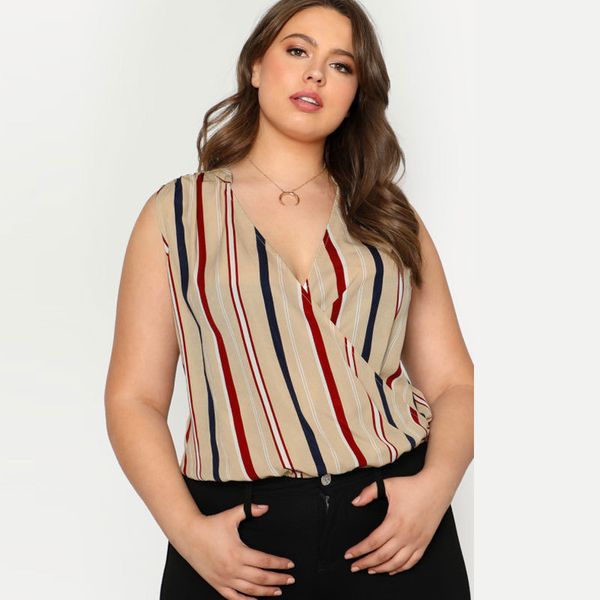 

3xl 4xl casual women big size blouse summer sleeveless striped blouses shirts plus size casual v neck shirt chemise femme, White