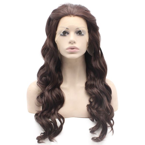 

long wavy dark auburn heat friendly natural lace front synthetic wig, Black