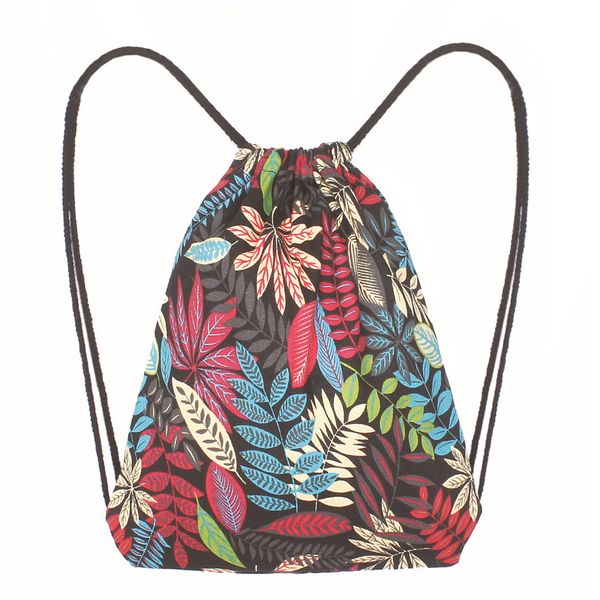 

fashion women drawstring bag leaf printing high capacity bucket travel home storage strings package backpack shoulder bag a40