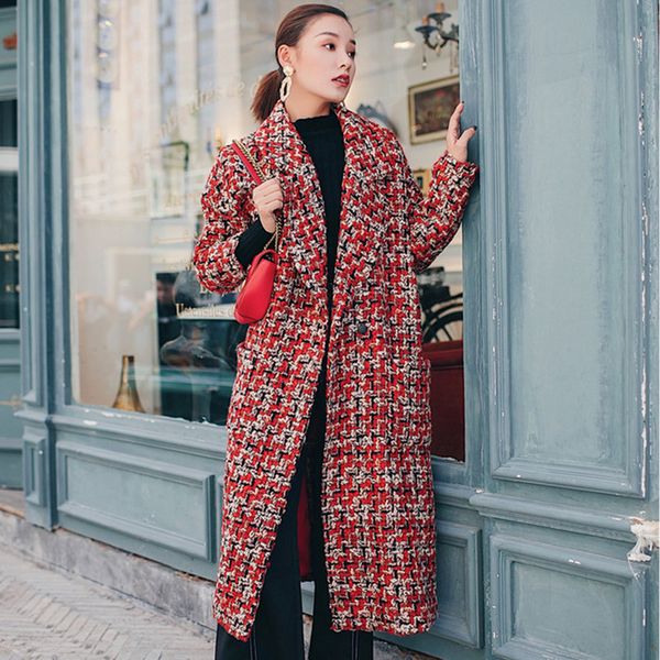 

2019 autumn winter female turn down collar woolen coat women vintage wool jacket lattice parka casual loose x-long overcoat z389, Black