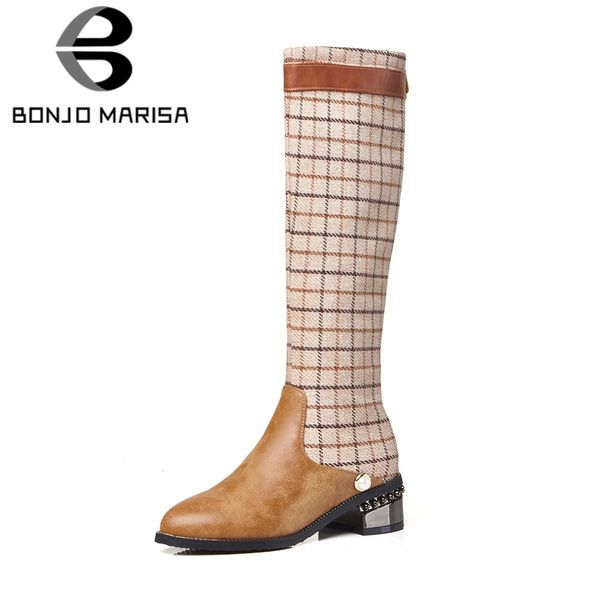 

bonjomarisa 2018 winter big size 32-43 gingham women knee high boots add fur med wide heels shoes woman, Black