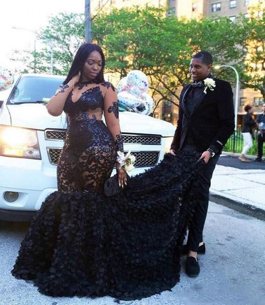 

illusion mermaid evening prom dresses long sleeves appliques sheer neckline black girls formal dresses evening wear african plus size